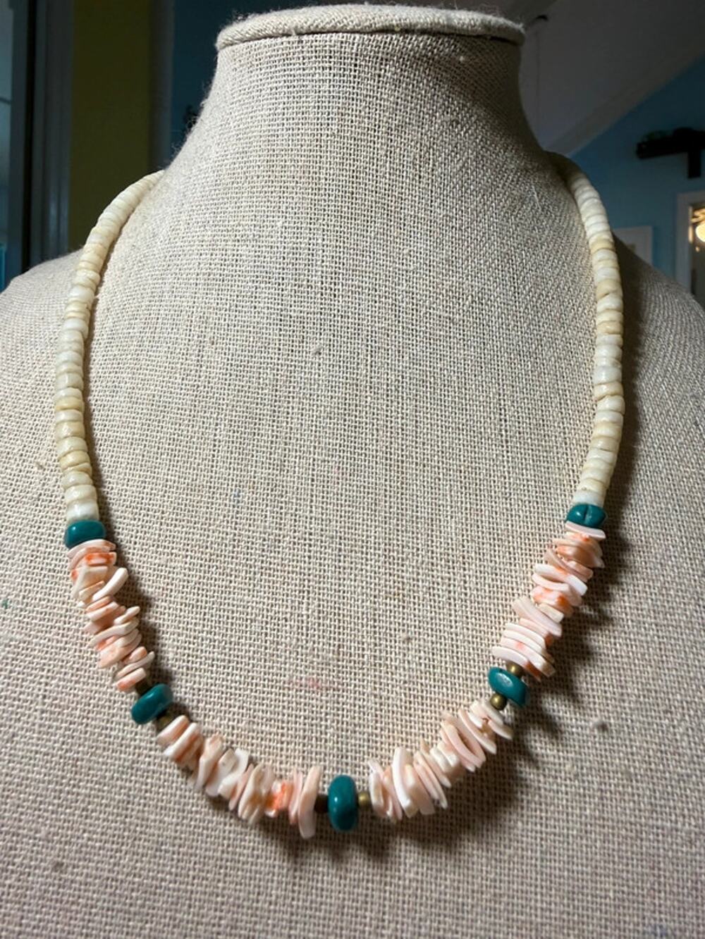 Vintage Shell Heishi Necklace Pink Shell Chips Turquoise Beads 16” Beach Surf